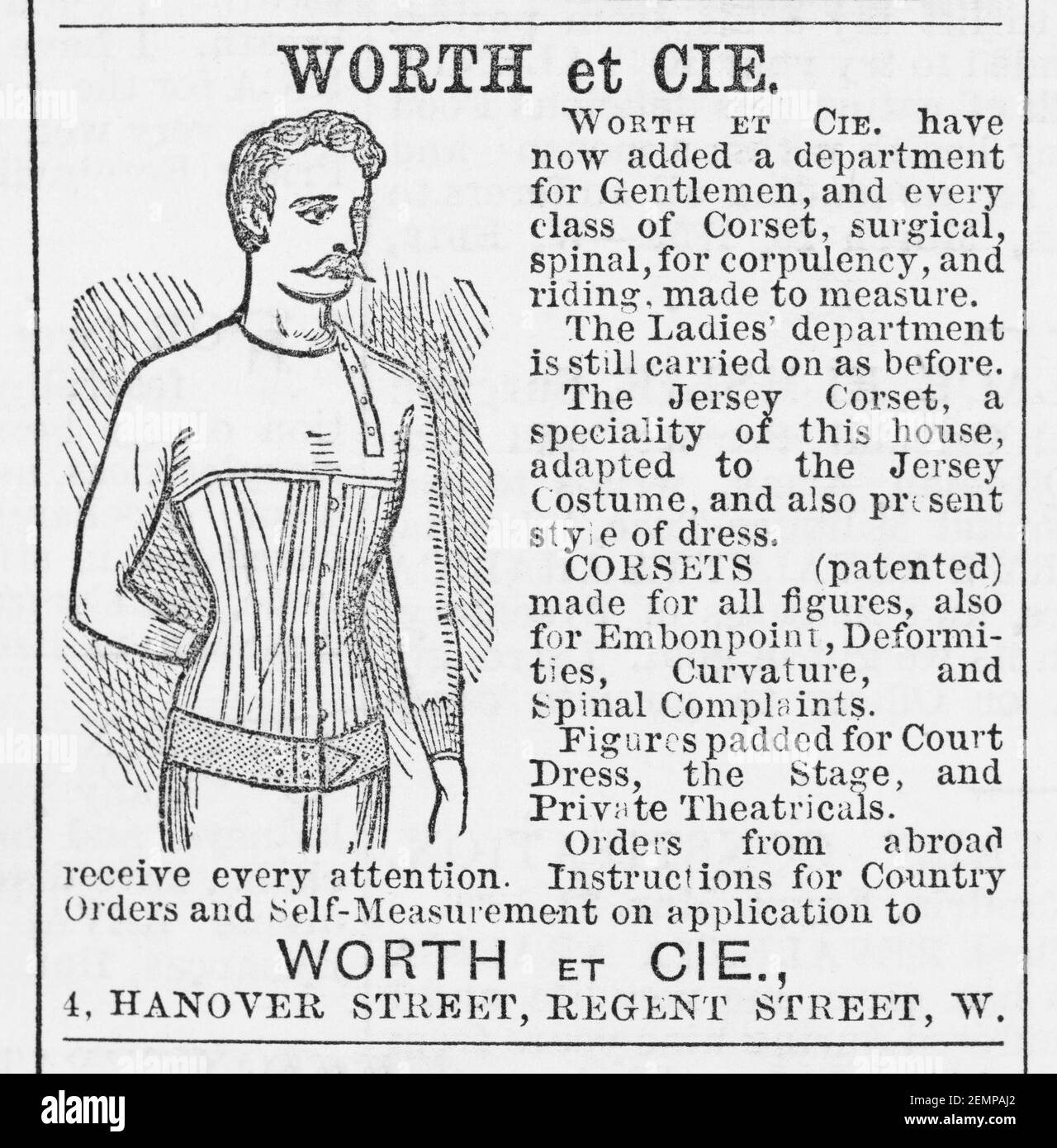 Old Victorian magazine Newsprint Worth et Cie hommes corset publicité de 1880 - avant l'aube des normes publicitaires. Histoire de la mode. Banque D'Images