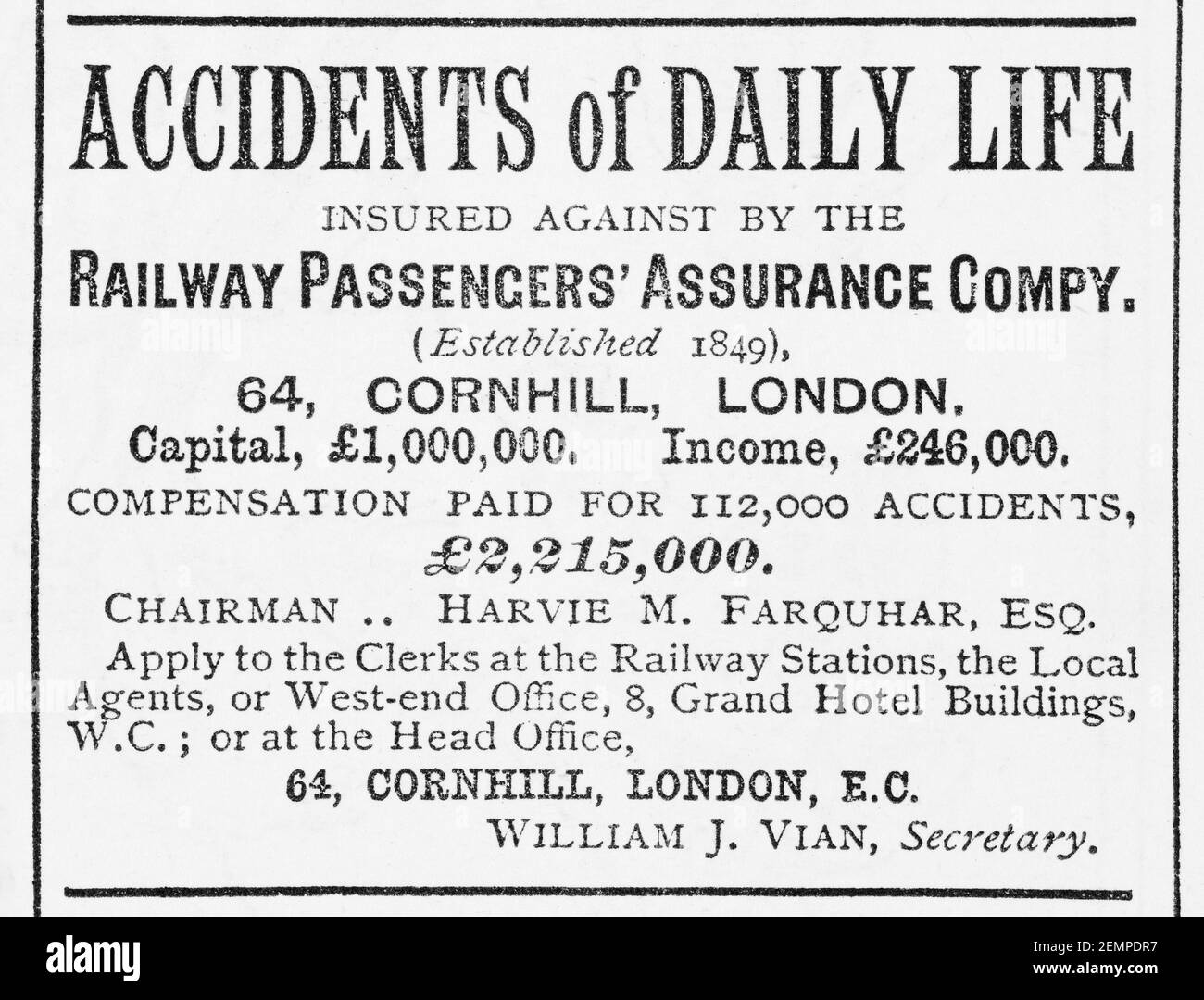 Old Victorian magazine Newsprint Railway Passengers assurance annonce de 1887- pré-publicité standards, et quand il y a eu beaucoup d'accidents ferroviaires. Banque D'Images