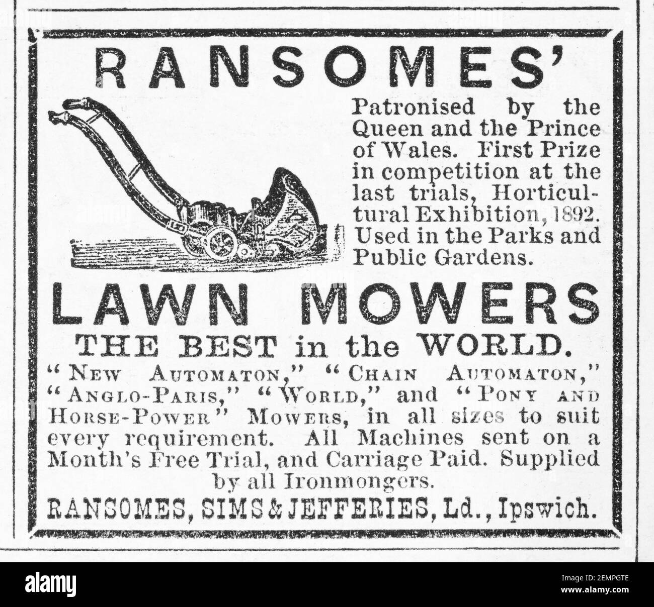 Vieux magazine victorien papier journal Publicité de tondeuse de jardin de Ransomes de 1894 - avant l'aube des normes publicitaires. Histoire du jardinage. Banque D'Images