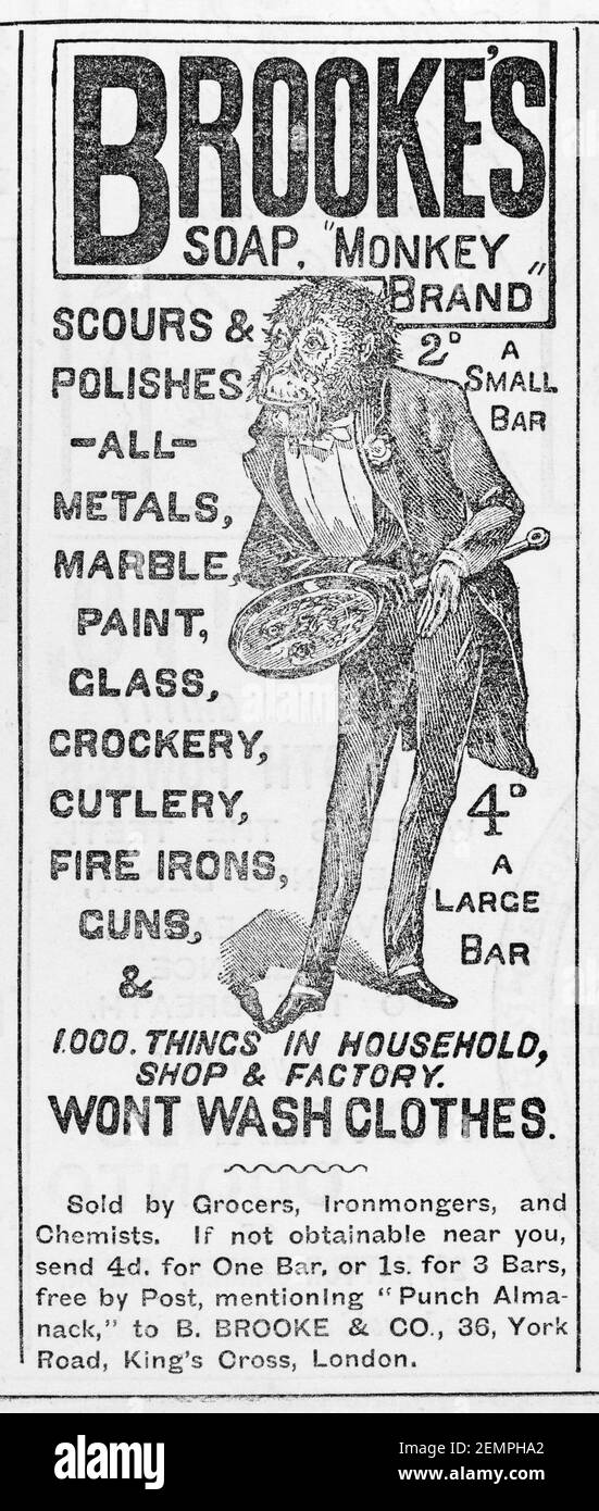 Vieux magazine victorien papier journal Brooke's Monkey SOAP publicité de 1887 - avant l'aube des normes publicitaires. Histoire de la fabrication du savon. Banque D'Images