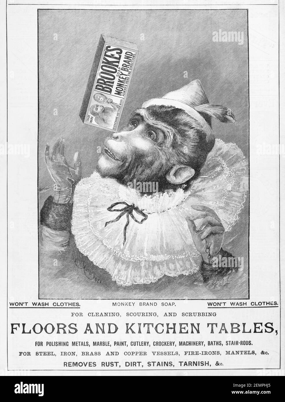 Vieux magazine victorien papier journal Brooke's Monkey SOAP publicité de 1895 - avant l'aube des normes publicitaires. Histoire de la fabrication du savon. Banque D'Images