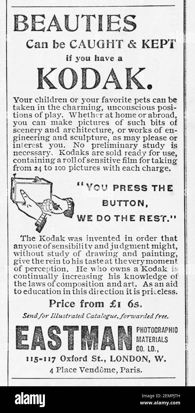 Ancienne publicité photo Kodak de 1894 - avant l'aube des standards publicitaires. Histoire de la photographie, de vieilles publicités, histoire de la publicité Banque D'Images