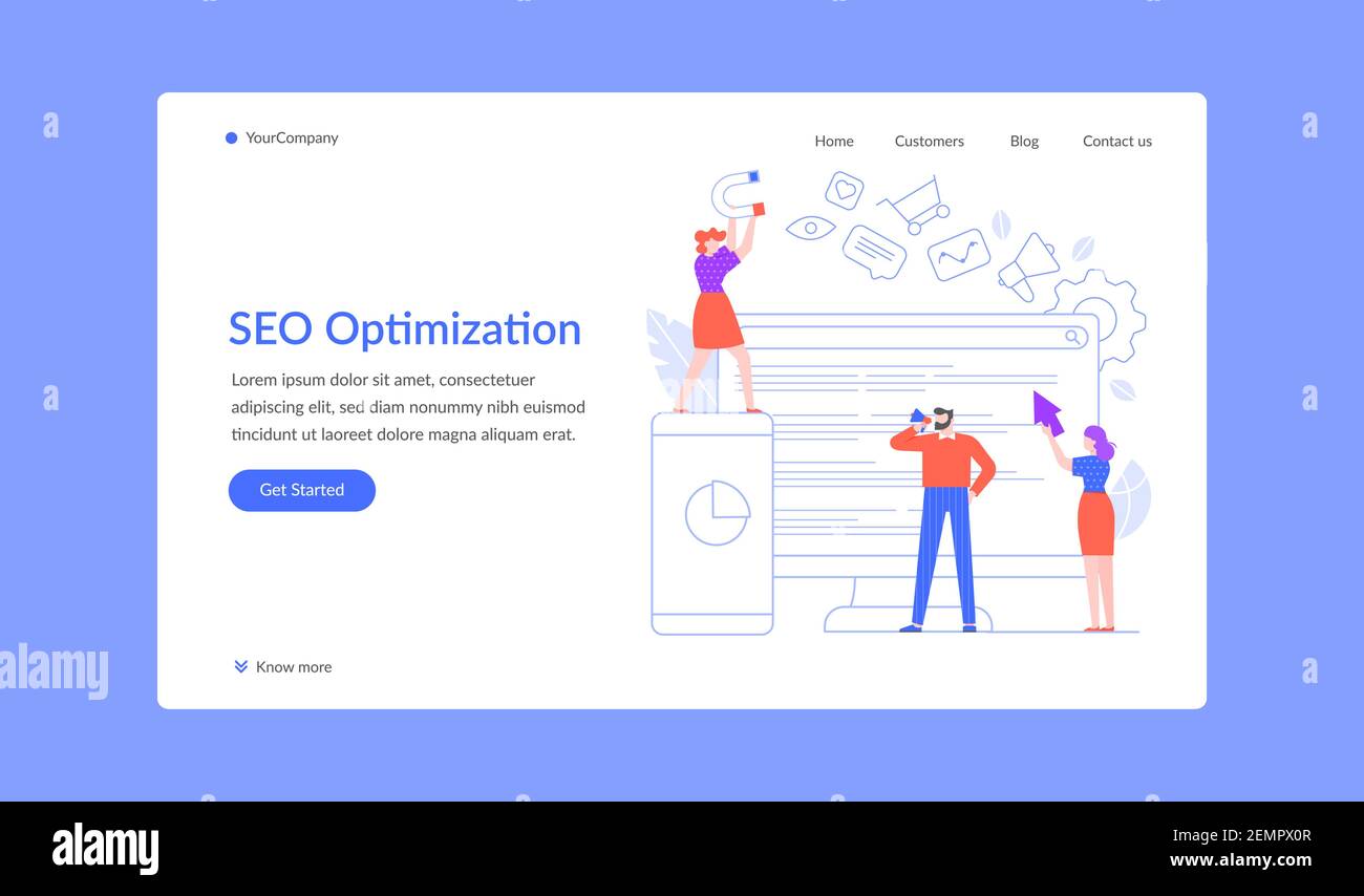 Page d'accueil de l'optimisation SEO, l'équipe travaille avec le contenu Illustration de Vecteur