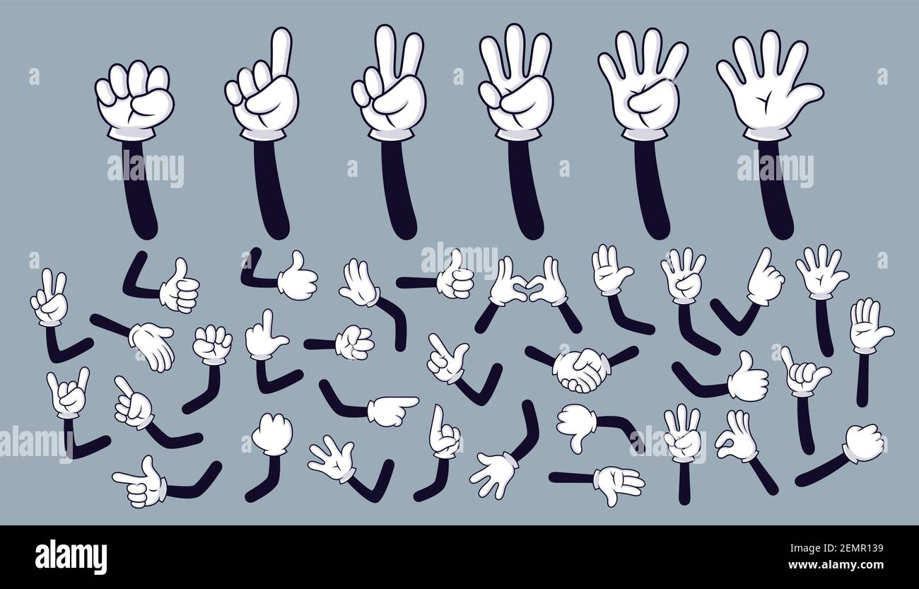 Mains de dessin animé. Bras de bande dessinée avec quatre et cinq doigts en gant blanc avec divers gestes, parties du corps de personnage de bande dessinée. Ensemble de vecteurs isolés Illustration de Vecteur