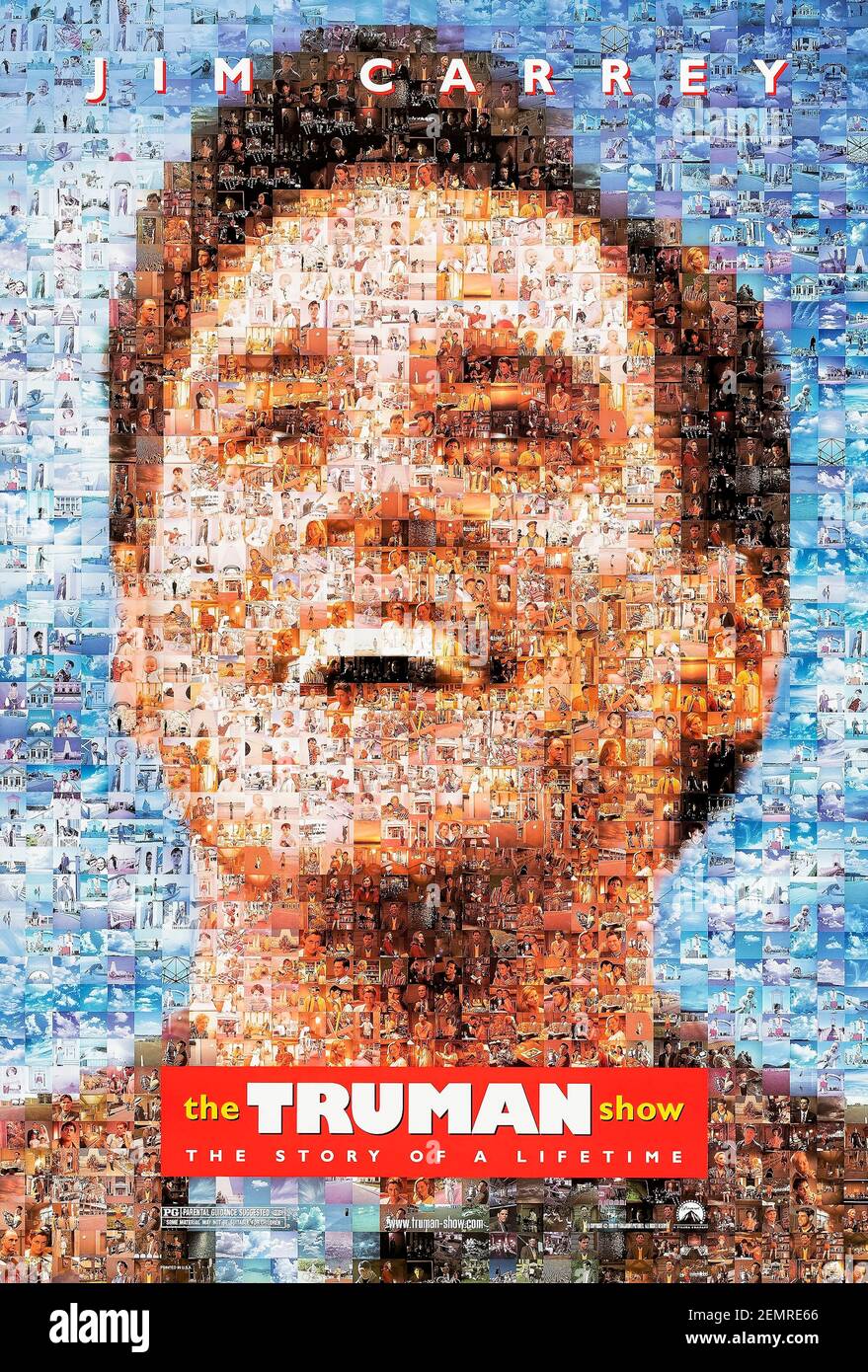 The Truman Show (1998) réalisé par Peter Weir et avec Jim Carrey, Ed Harris et Laura Linney. Une comédie fantastique sur un vendeur d'assurance qui découvre toute sa vie est filmée comme une émission télé-réalité. Banque D'Images