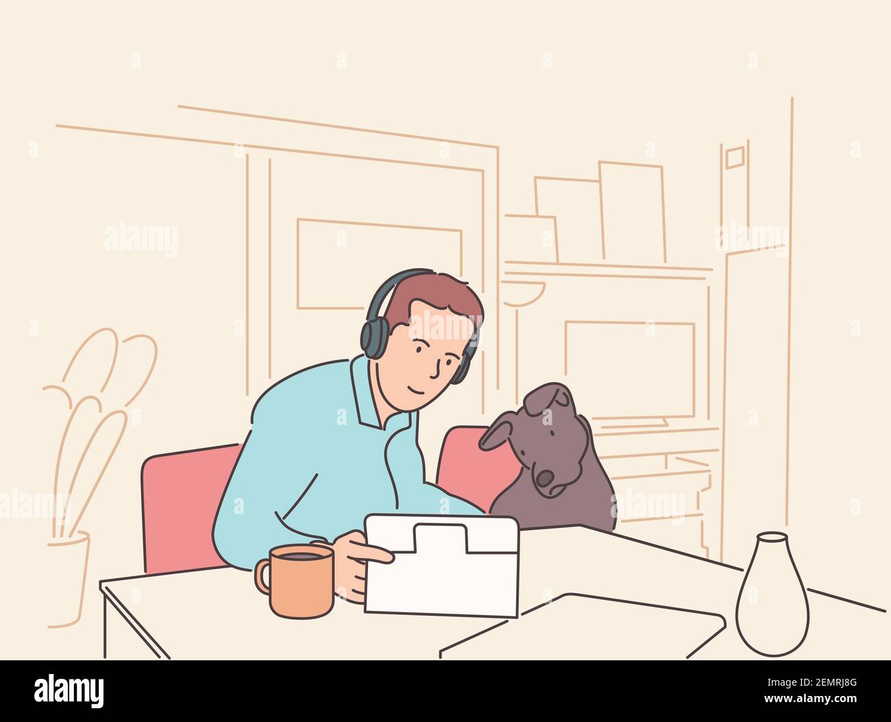 Communication, freelance, concept de visioconférence. Jeune homme personnage assis sur une chaise à la maison parlant avec un ami en ligne. Travail à distance à l'isolement Illustration de Vecteur