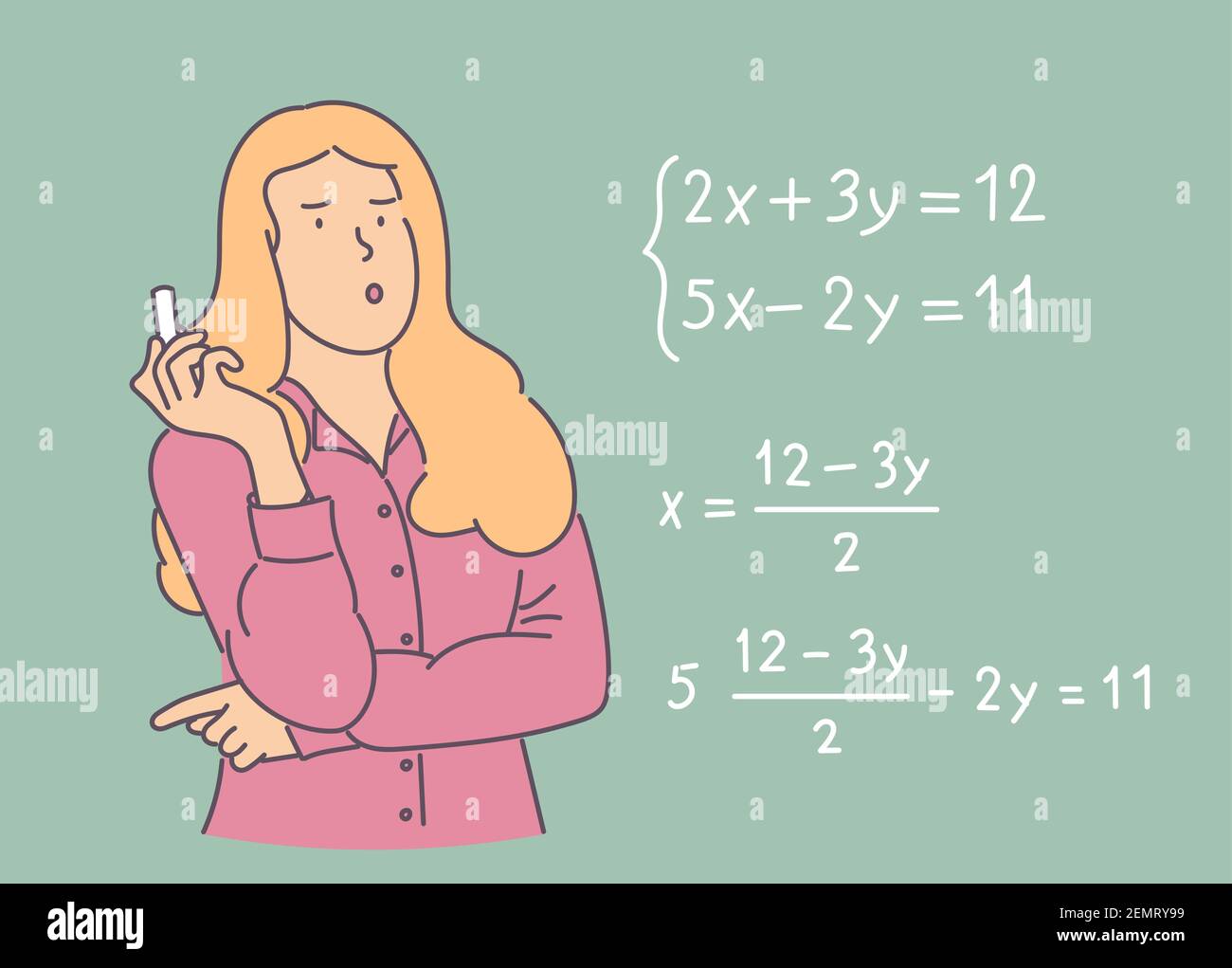 Jeune écolière pensive et réfléchie debout près du tableau noir et en train de résoudre l'équation mathématique avec la craie. Processus éducatif Illustration de Vecteur