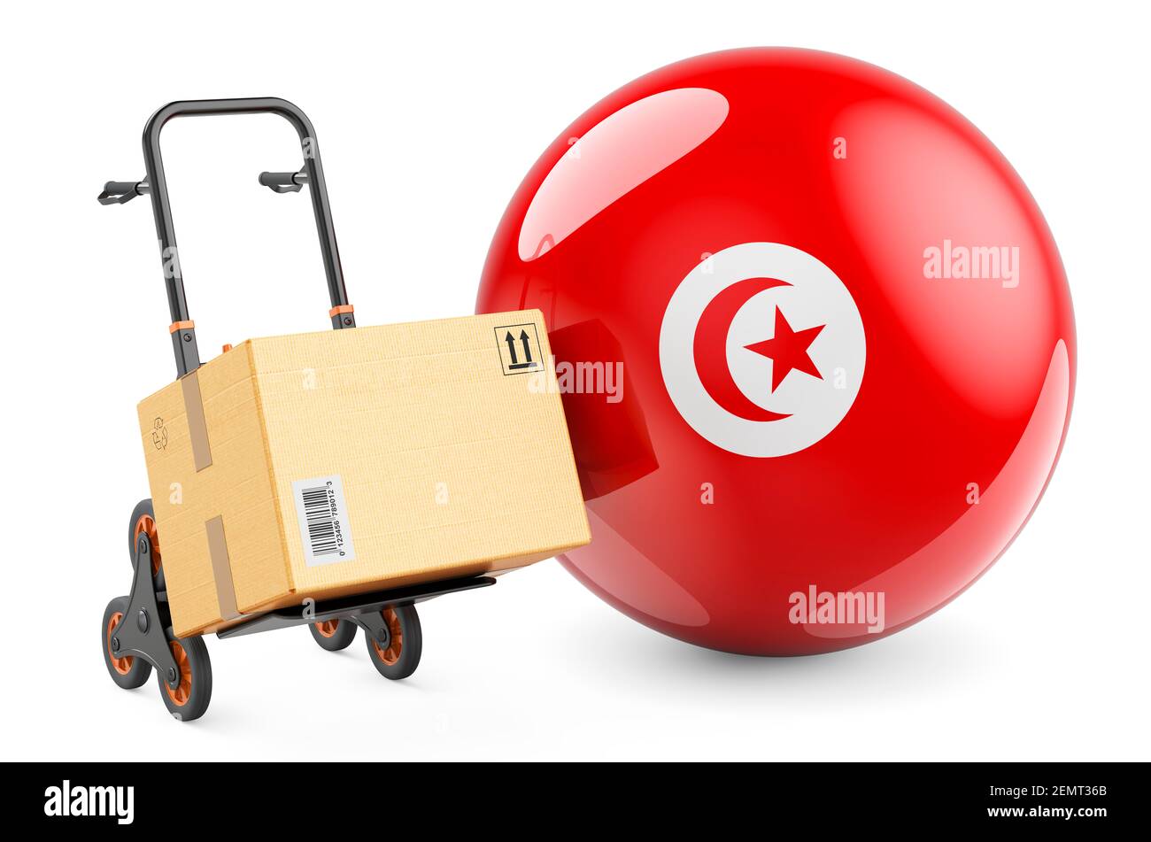 Colis sur le chariot de transport avec drapeau tunisien. Expédition en Tunisie, concept. Rendu