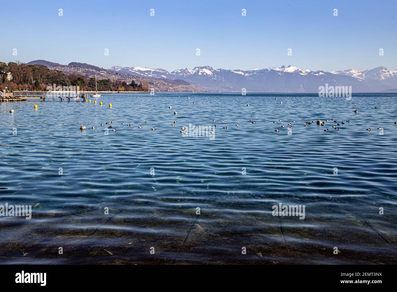 Eaux transparentes du lac Léman et des Alpes vues de Lausanne, Suisse Banque D'Images