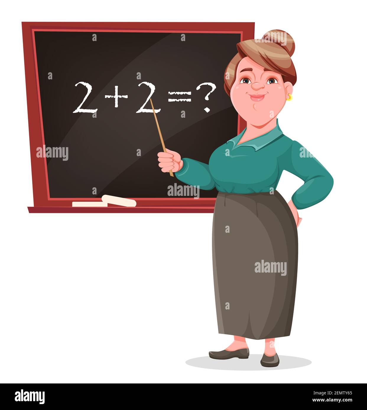 Vecteur de bourse heureuse souriante femme d'âge moyen enseignante. Femme souriante enseignante personnage de dessin animé debout près du tableau noir. Illustration de Vecteur