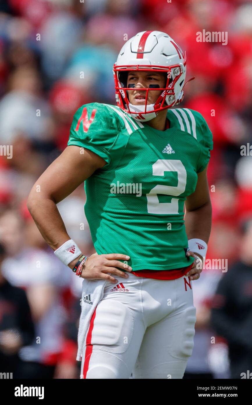 13 avril 2019 - Lincoln, ne. États-Unis - Adrian Martinez #2 en action pendant le match de football de printemps rouge contre blanc au Memorial Stadium de Lincoln, ne..Red a gagné 24-13.présence: 85,946.Michael Spomer/Cal Sport Media/Sipa USA(Credit image: © Michael Spomer/CSM/Sipa USA) Banque D'Images