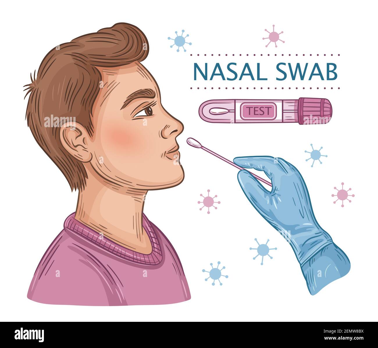 Icône de sonde de test pour écouvillon nasal. Homme effectuant des tests d'ADN ou de coronavirus PCR. Analyse en laboratoire hospitalier. Examen médical de l'infection virale. Vecteur Illustration de Vecteur