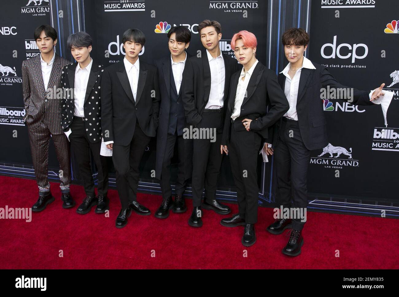 Le groupe de garçons sud-coréen BTS arrive au Billboard Music Awards 2019 Red Carpet qui a eu lieu au MGM Grand Garden Arena de Las Vegas, Nevada, le 1er mai 2019. (Photo de Richard Brian/Sipa USA) Banque D'Images