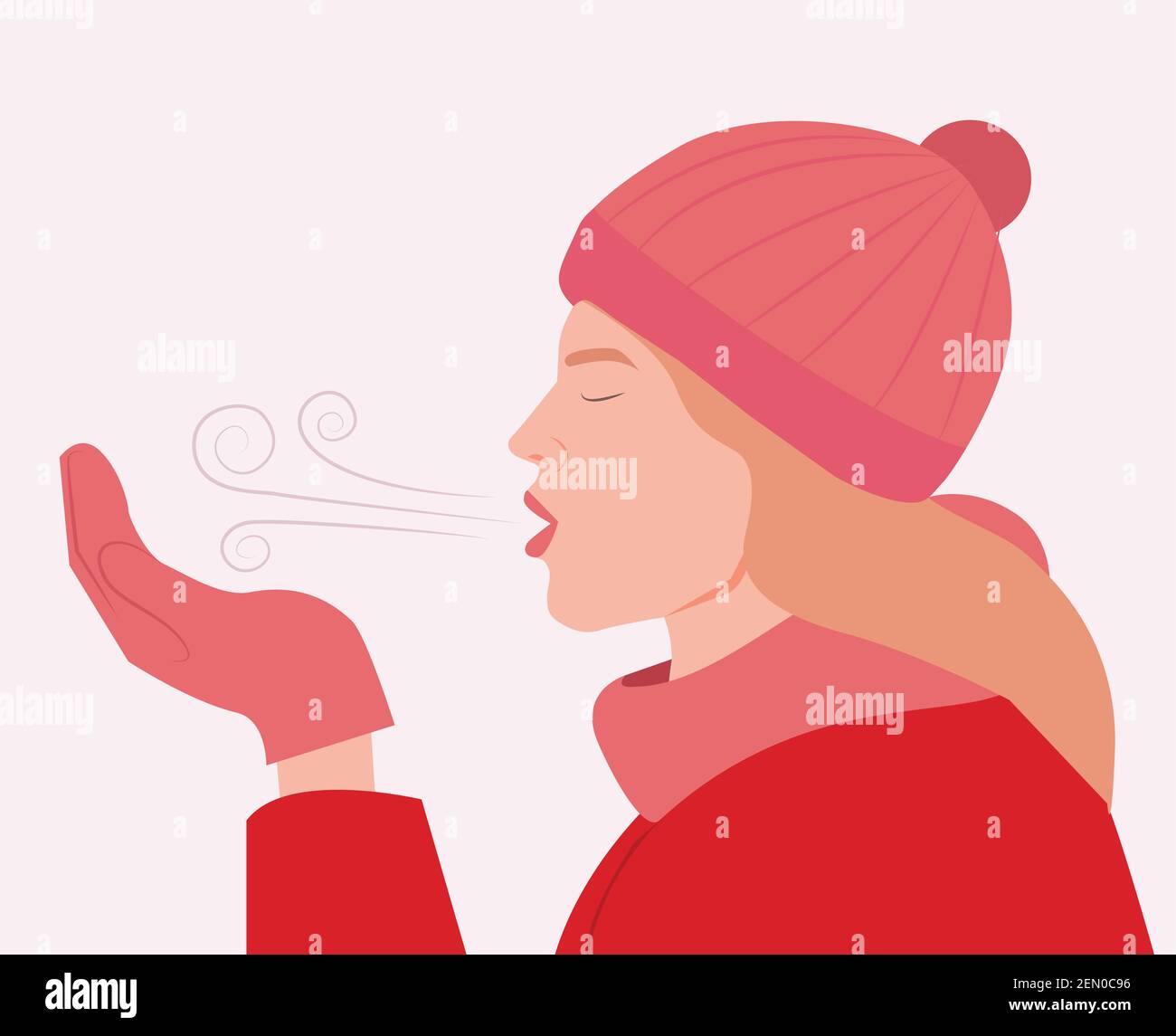 La femme souffle de la vapeur en hiver. La fille souffle l'air froid avec des gants foulard et chapeau illustration vectorielle. Fille dans ses vêtements d'hiver souffle temps froid Illustration de Vecteur