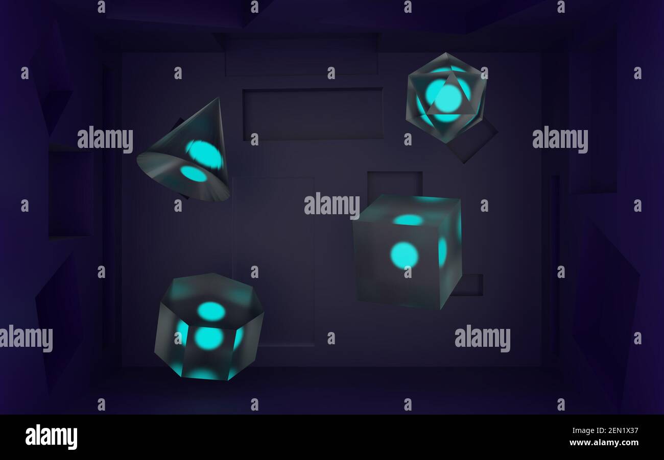 rendu 3d de quatre cristals de forme différente avec des sphères lumineuses à l'intérieur flottant dans une boîte bleue avec des carrés et des triangles s'y mêle. Banque D'Images
