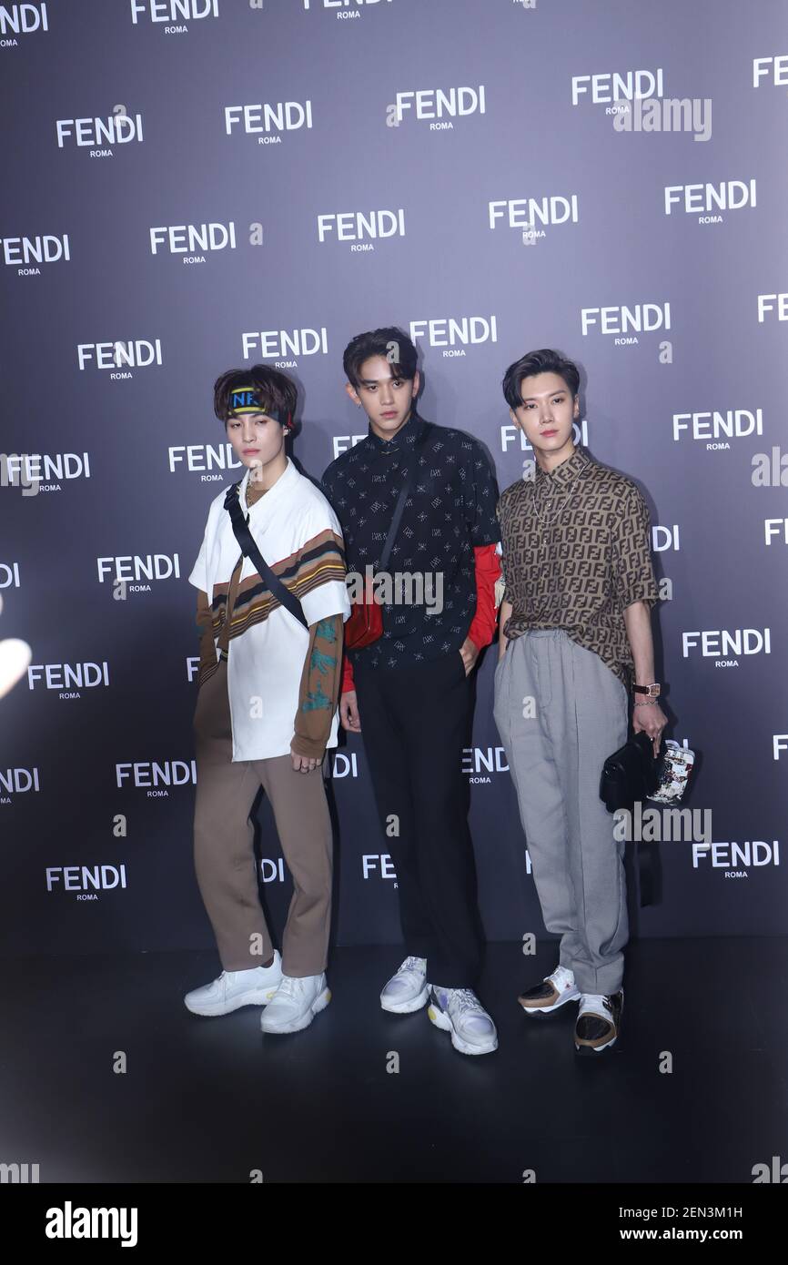 Ten, Lucas et Yangyang du groupe de garçons sud-coréen NCT et sa sous-unité  chinoise WayV assistent au Fendi Men Fall/Winter 2019 Fashion Show à  Shanghai, en Chine, le 31 mai 2019. (Photo