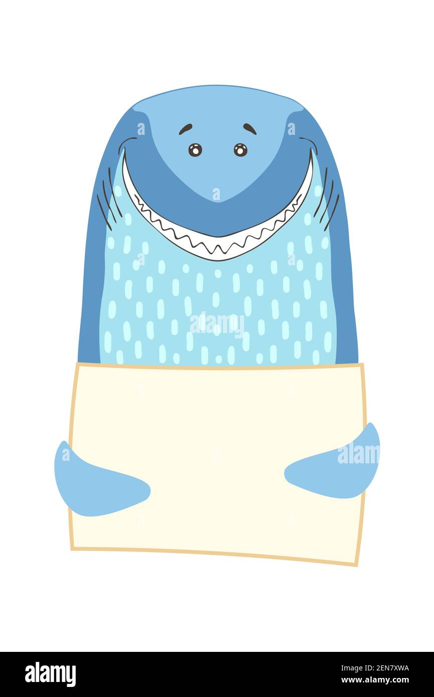 Joli dessin animé requin poisson animal tenant étiquette signe avec espace de copie. Mettre carte de voeux bannière invitation brochure circulaire. Dessin animé à la main style. Petit Illustration de Vecteur