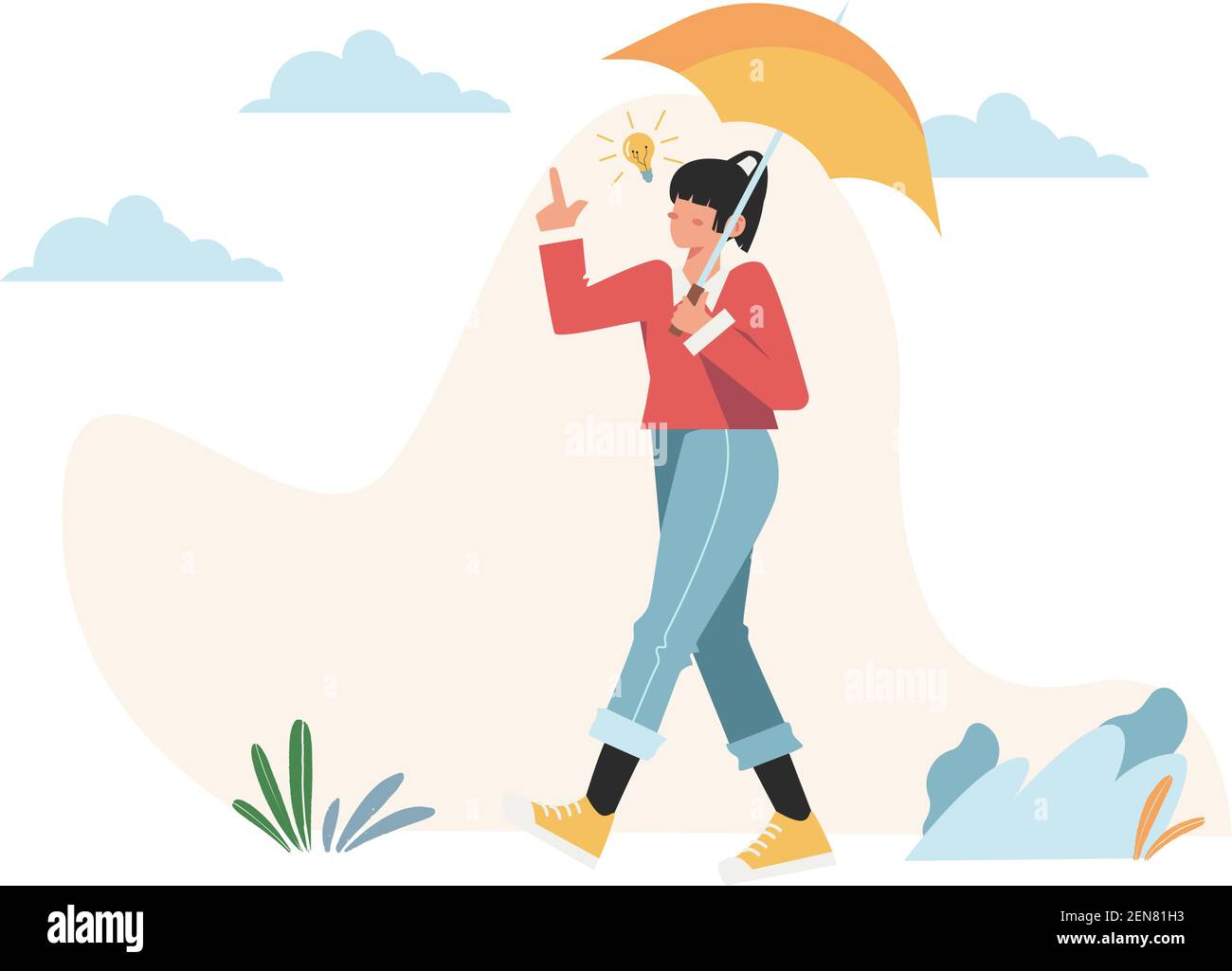 Fille brainstorming sous le parapluie pour trouver l'idée Illustration de Vecteur