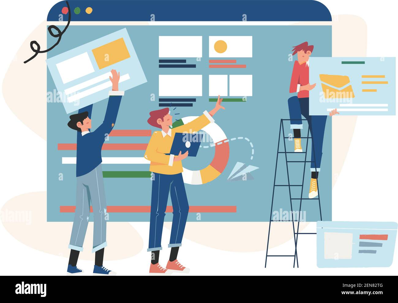 Travail d'équipe créatif construire un projet d'entreprise sur Internet Illustration de Vecteur