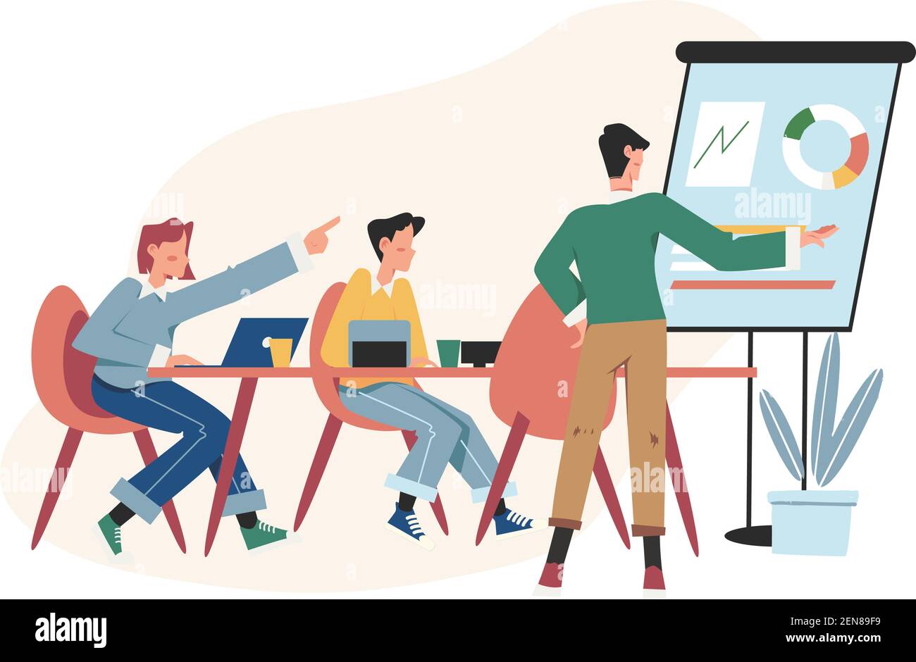 Les travailleurs sont assis à la table de réflexion collective] Illustration de Vecteur