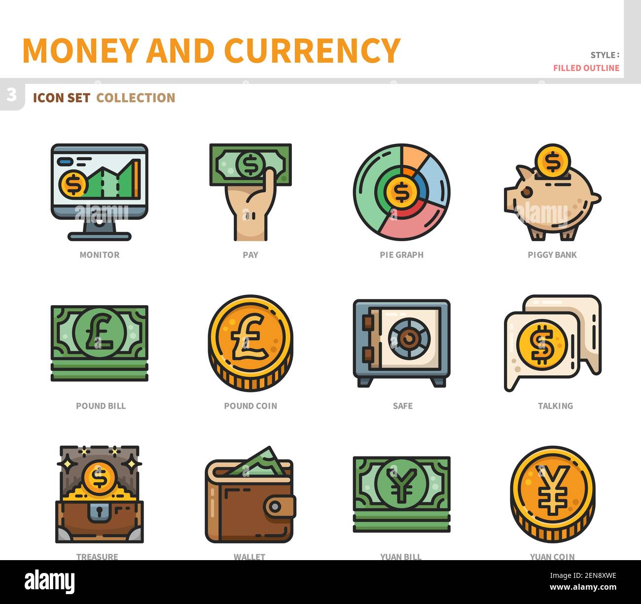 jeu d'icônes argent et devise, style de contour plein, vecteur et illustration Illustration de Vecteur