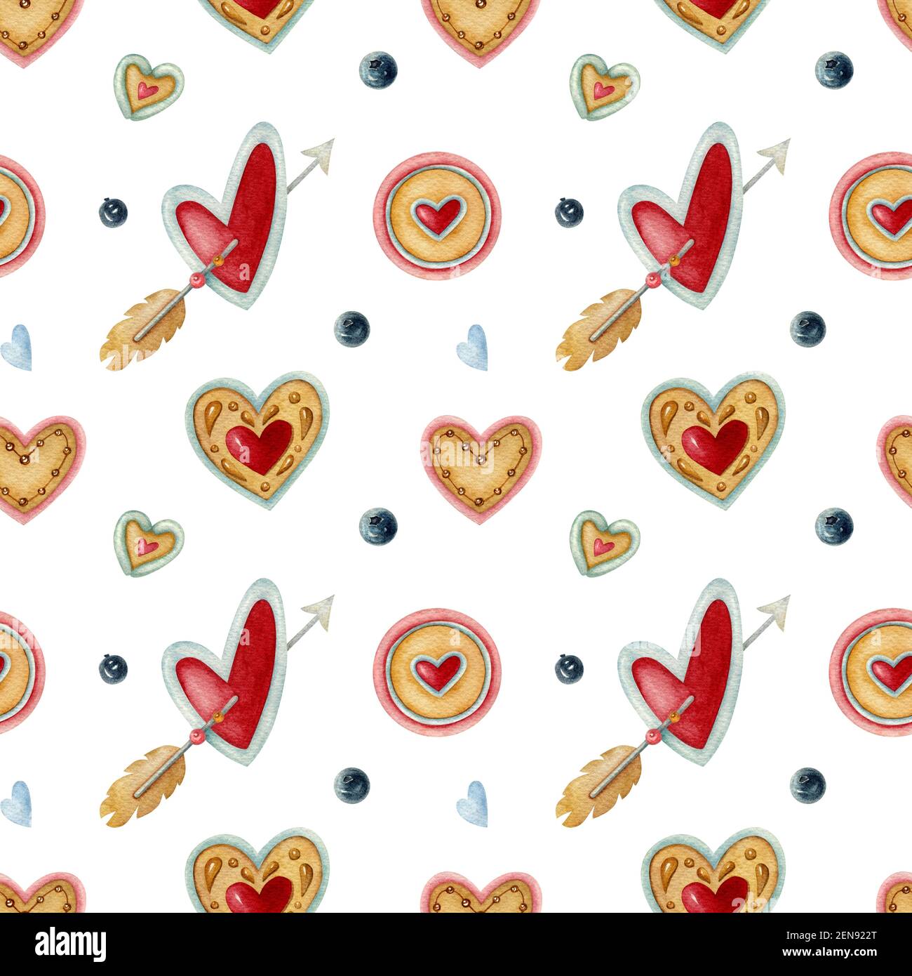 Motif aquarelle sans couture avec coeur, biscuits, baies et flèche sur fond clair. Illustration lumineuse. Idéal pour le textile, l'emballage. Banque D'Images