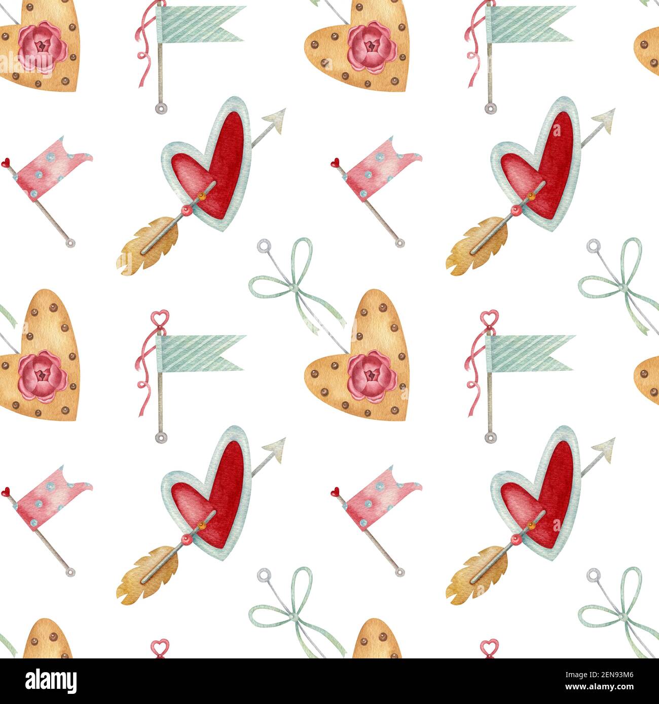 Motif aquarelle sans couture avec coeur, flèche, emblème et drapeau sur fond clair. Illustration lumineuse. Idéal pour le textile, l'emballage. Banque D'Images