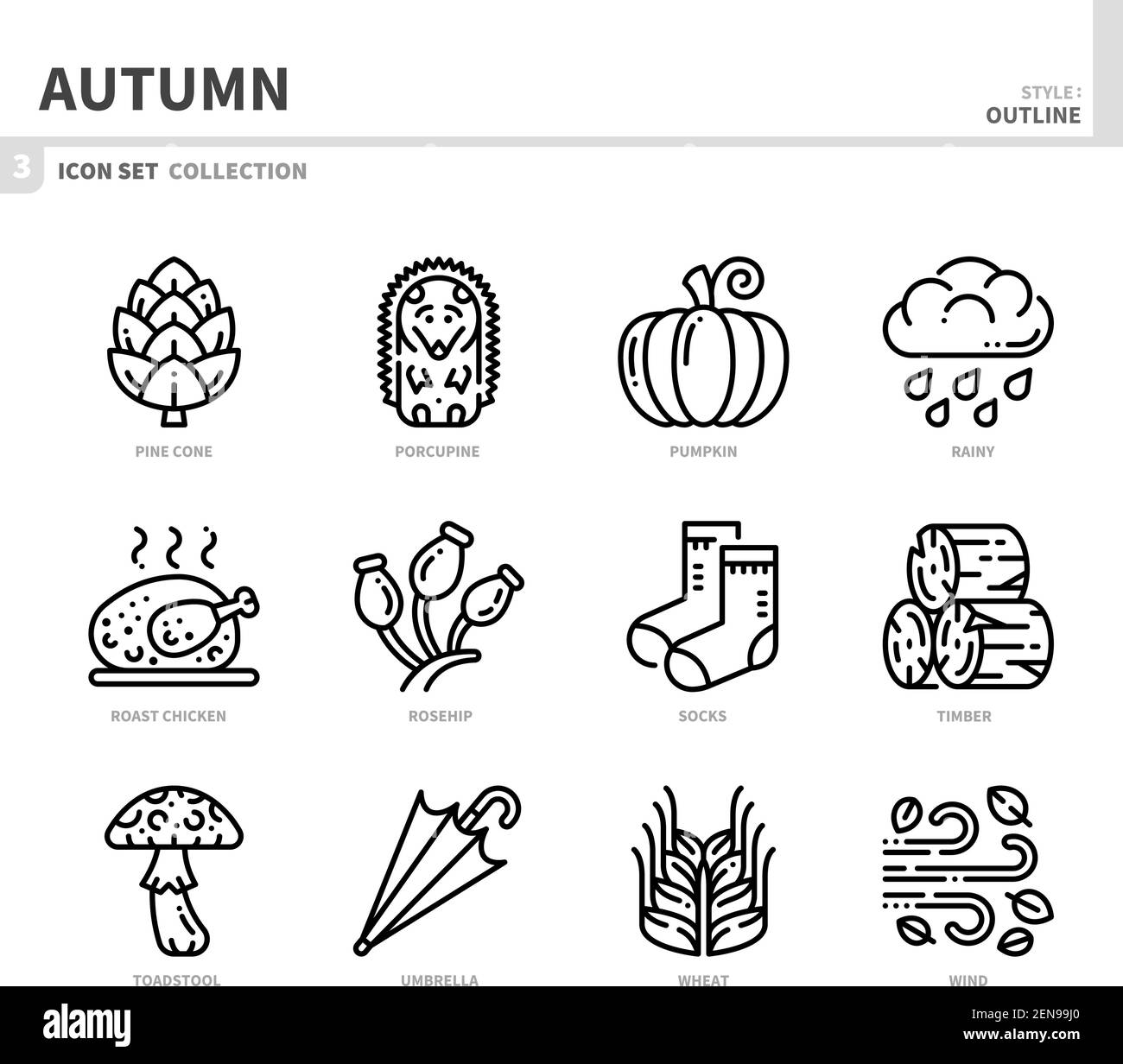 ensemble d'icônes de la saison d'automne, style de contour, vecteur et illustration Illustration de Vecteur