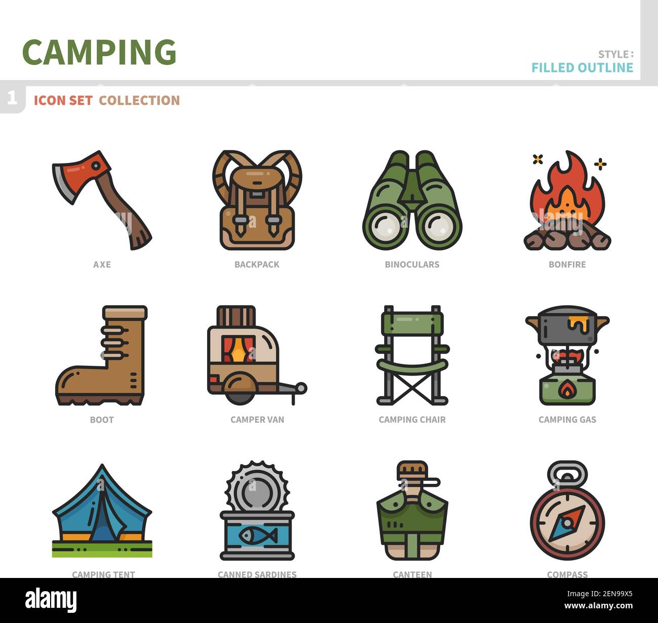 jeu d'icônes camping, style de contour plein, vecteur et illustration Illustration de Vecteur
