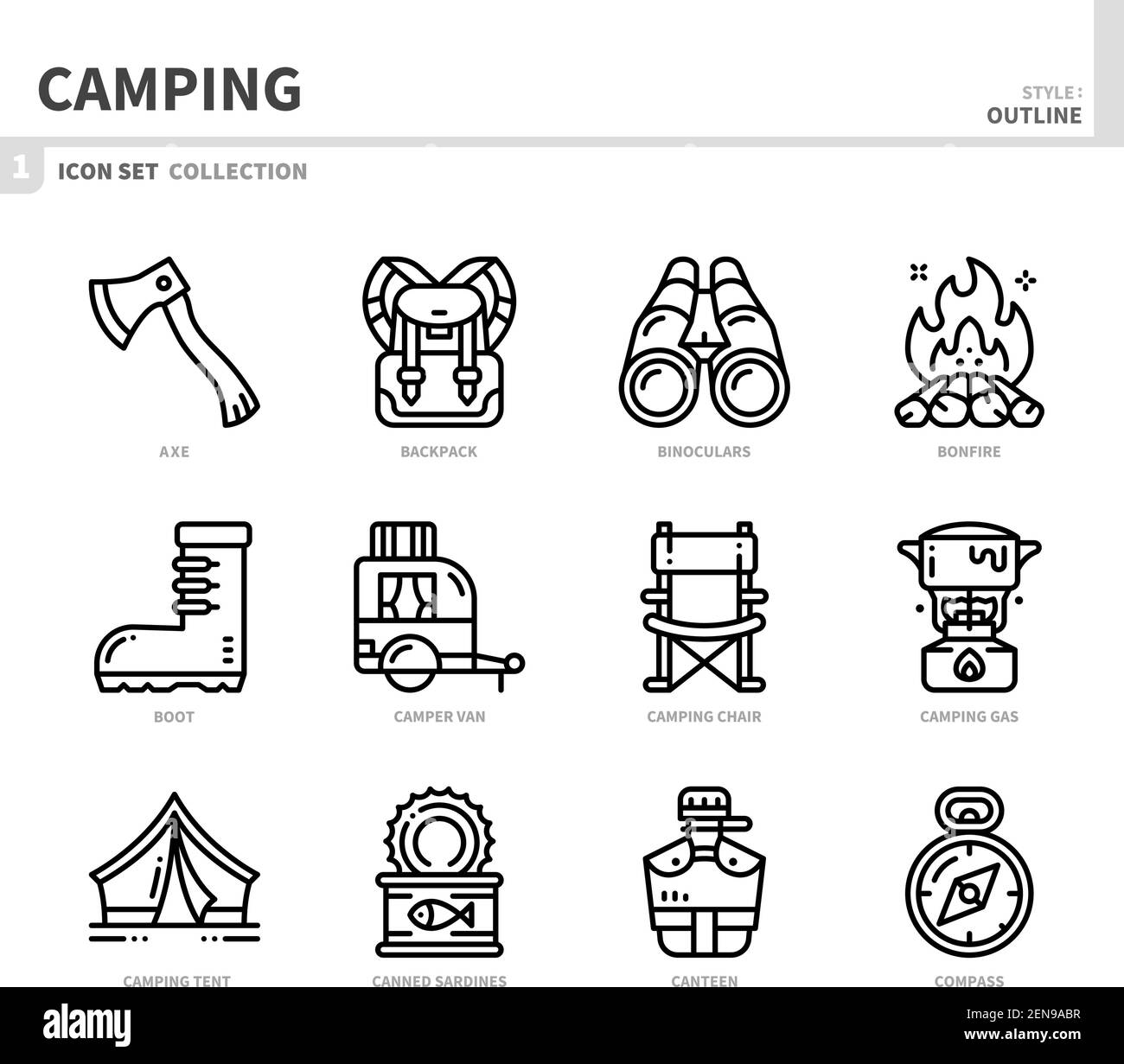 jeu d'icônes de camping, style de contour, vecteur et illustration Illustration de Vecteur
