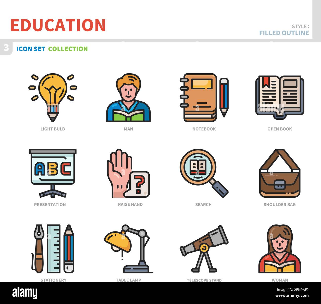 jeu d'icônes éducation, style de contour plein, vecteur et illustration Illustration de Vecteur