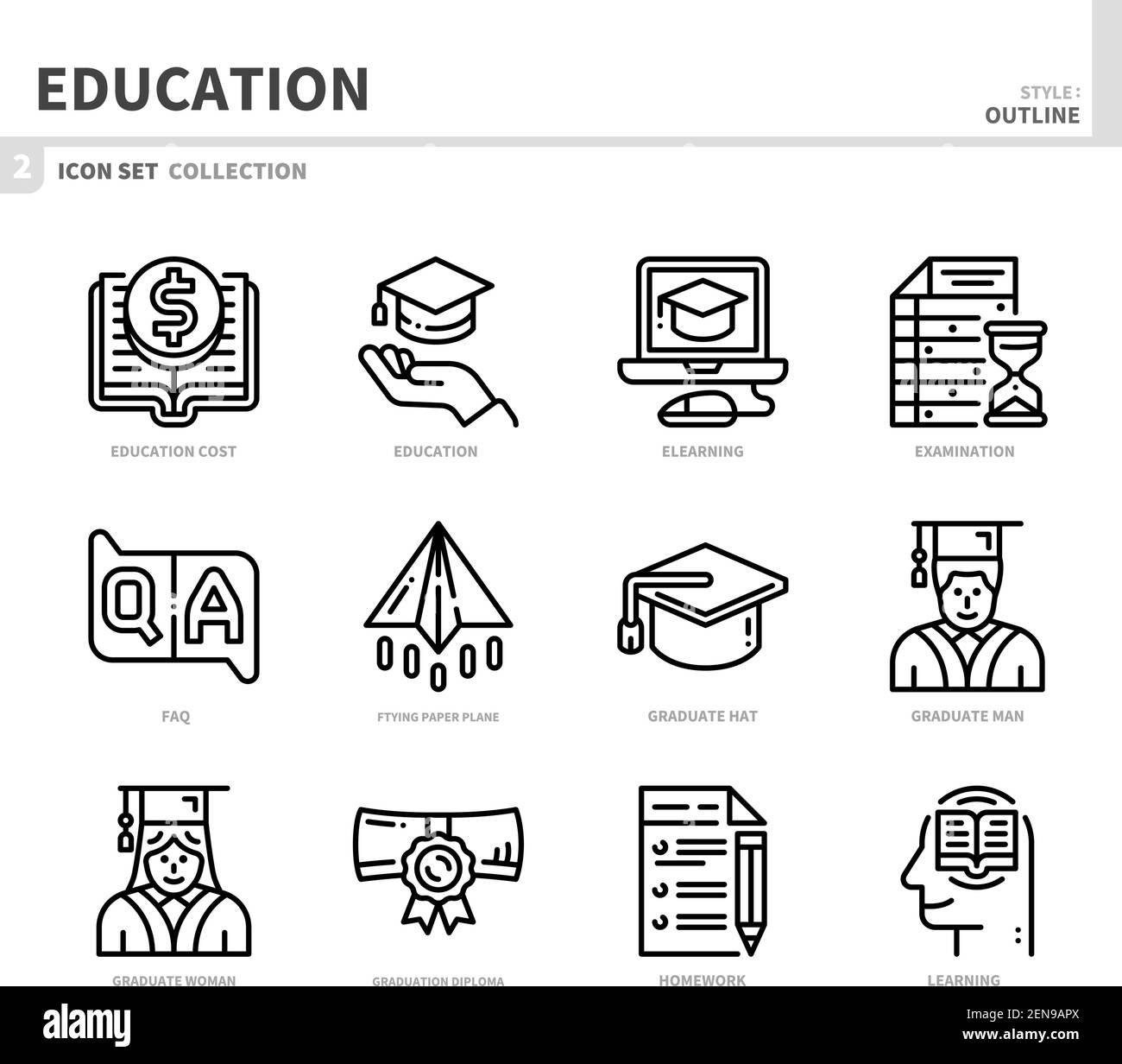 jeu d'icônes d'éducation, style de contour, vecteur et illustration Illustration de Vecteur