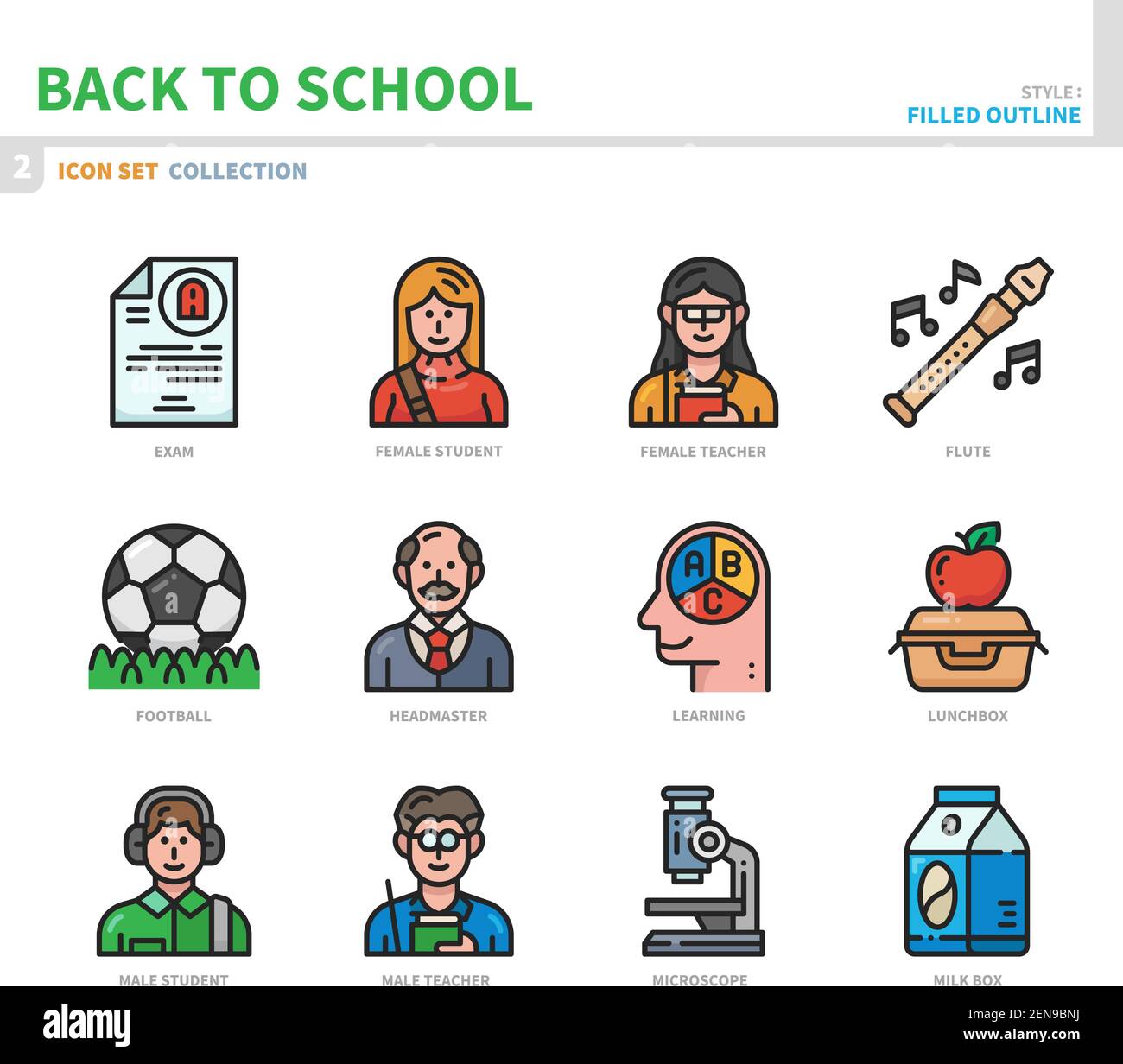jeu d'icônes de retour à l'école, style de contour plein, vecteur et illustration Illustration de Vecteur