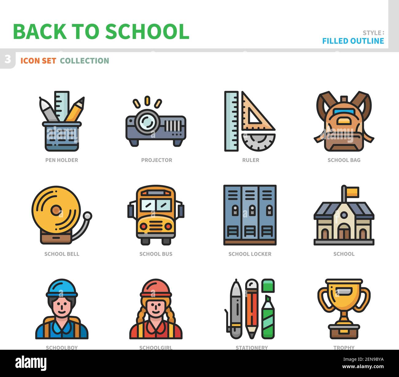 jeu d'icônes de retour à l'école, style de contour plein, vecteur et illustration Illustration de Vecteur