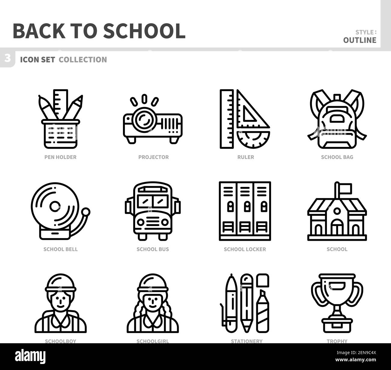 jeu d'icônes de retour à l'école, style de contour, vecteur et illustration Illustration de Vecteur