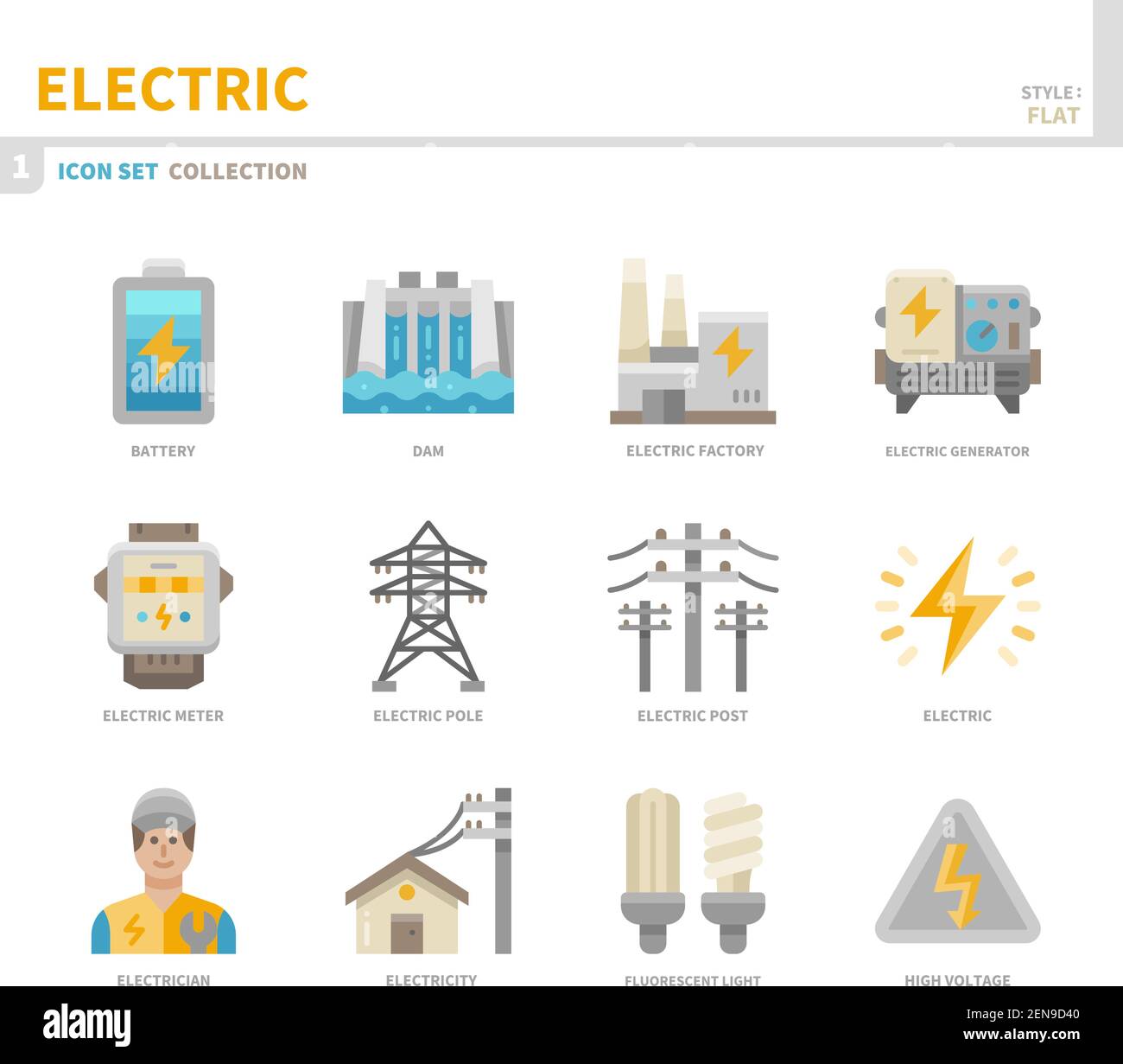 jeu d'icônes électriques, style plat couleur, vecteur et illustration Illustration de Vecteur