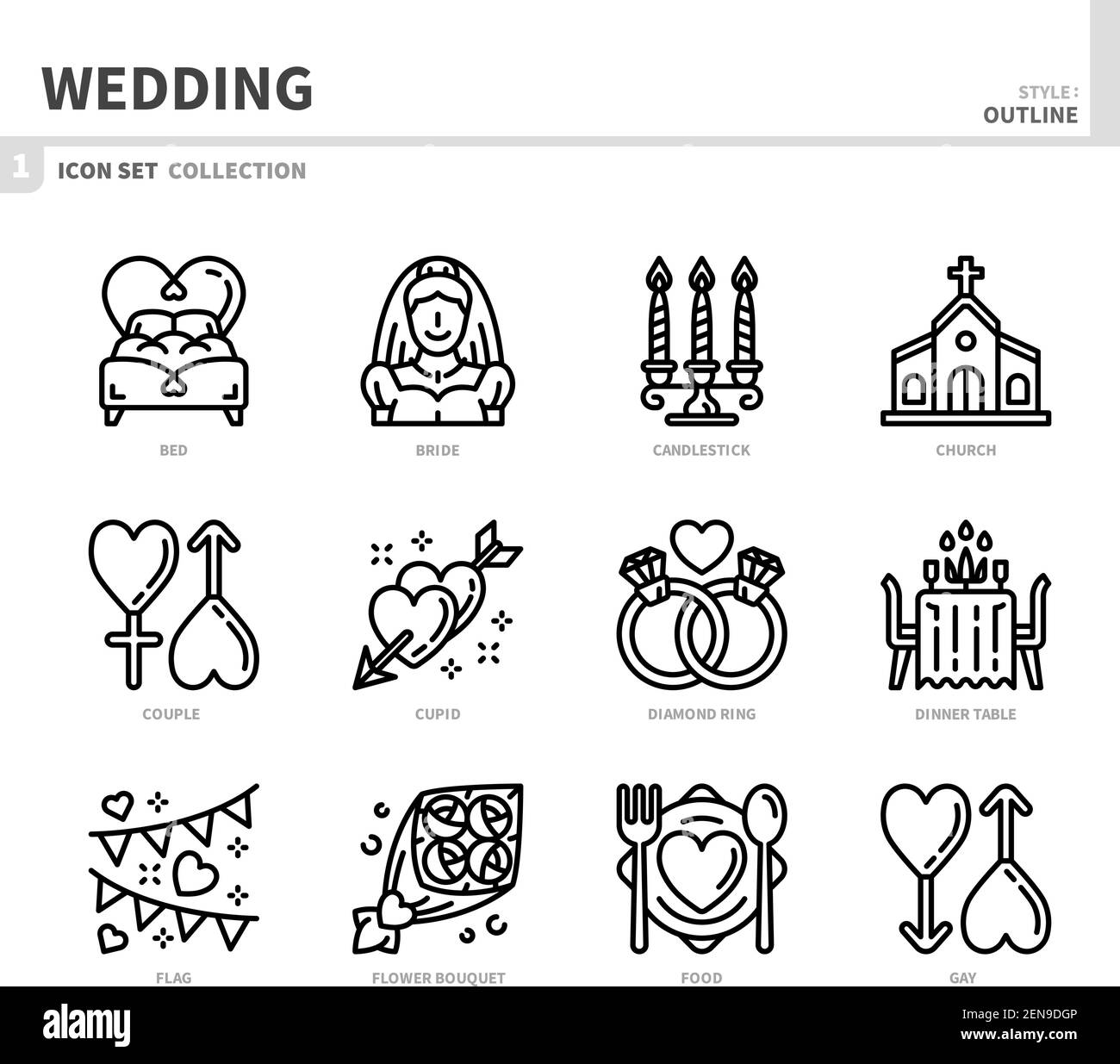 jeu d'icônes mariage et mariage, style de contour, vecteur et illustration Illustration de Vecteur