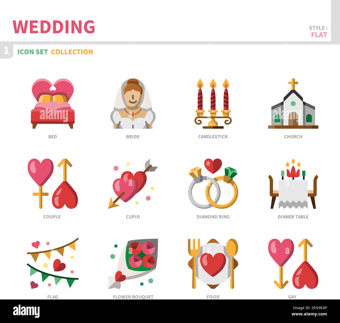 jeu d'icônes mariage et mariage, style plat, vecteur et illustration Illustration de Vecteur