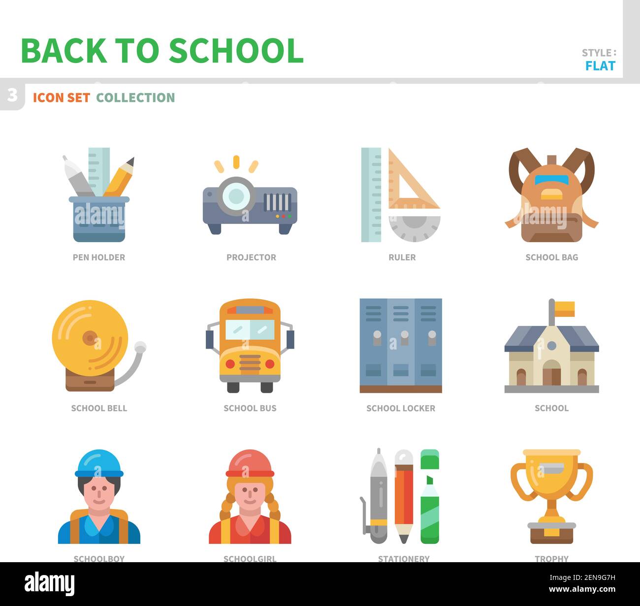 jeu d'icônes de retour à l'école, style plat couleur, vecteur et illustration Illustration de Vecteur