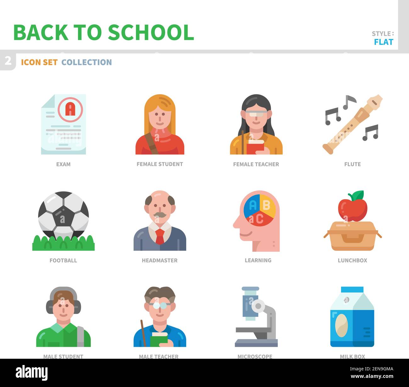 jeu d'icônes de retour à l'école, style plat couleur, vecteur et illustration Illustration de Vecteur