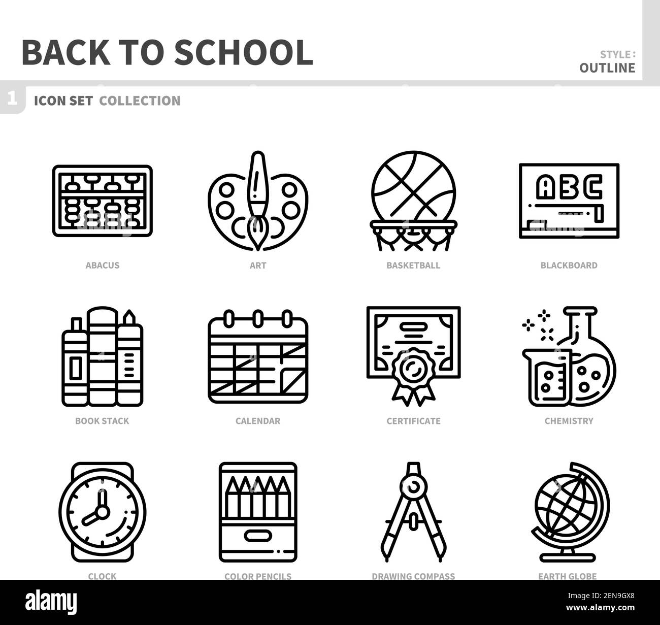 jeu d'icônes de retour à l'école, style de contour, vecteur et illustration Illustration de Vecteur