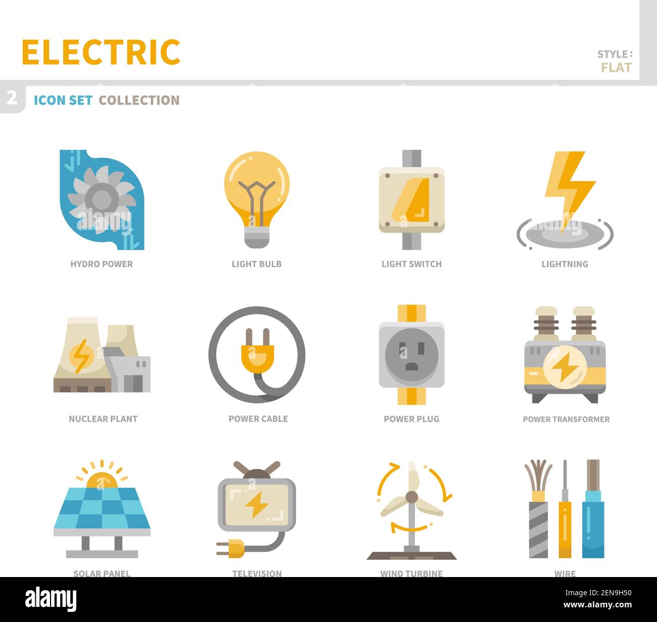 jeu d'icônes électriques, style plat couleur, vecteur et illustration Illustration de Vecteur