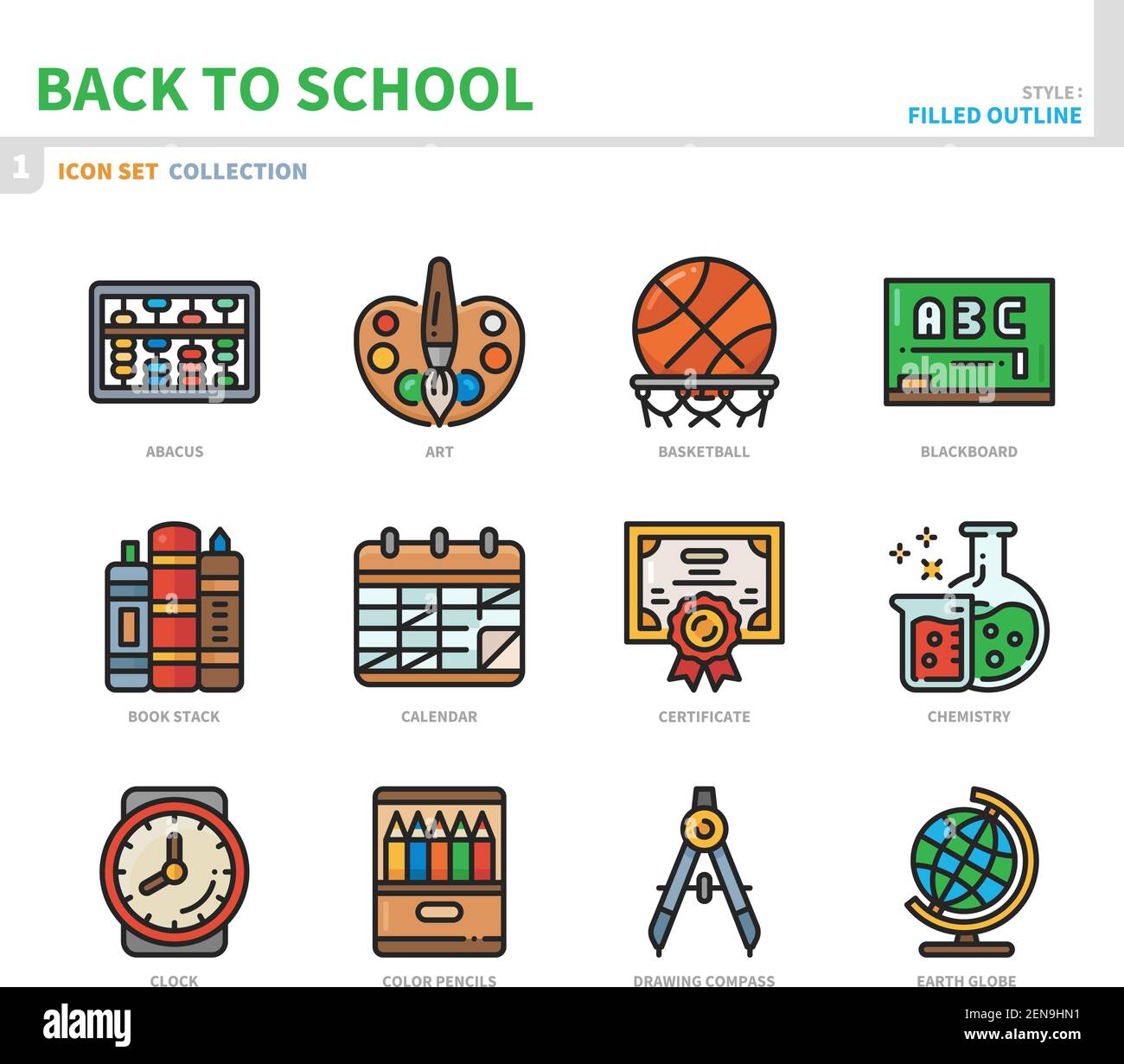 jeu d'icônes de retour à l'école, style de contour plein, vecteur et illustration Illustration de Vecteur