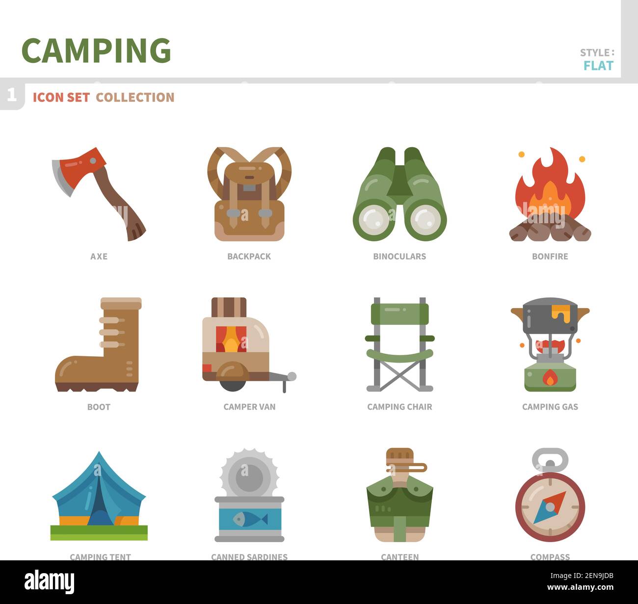 jeu d'icônes de camping, style plat de couleur, vecteur et illustration Illustration de Vecteur