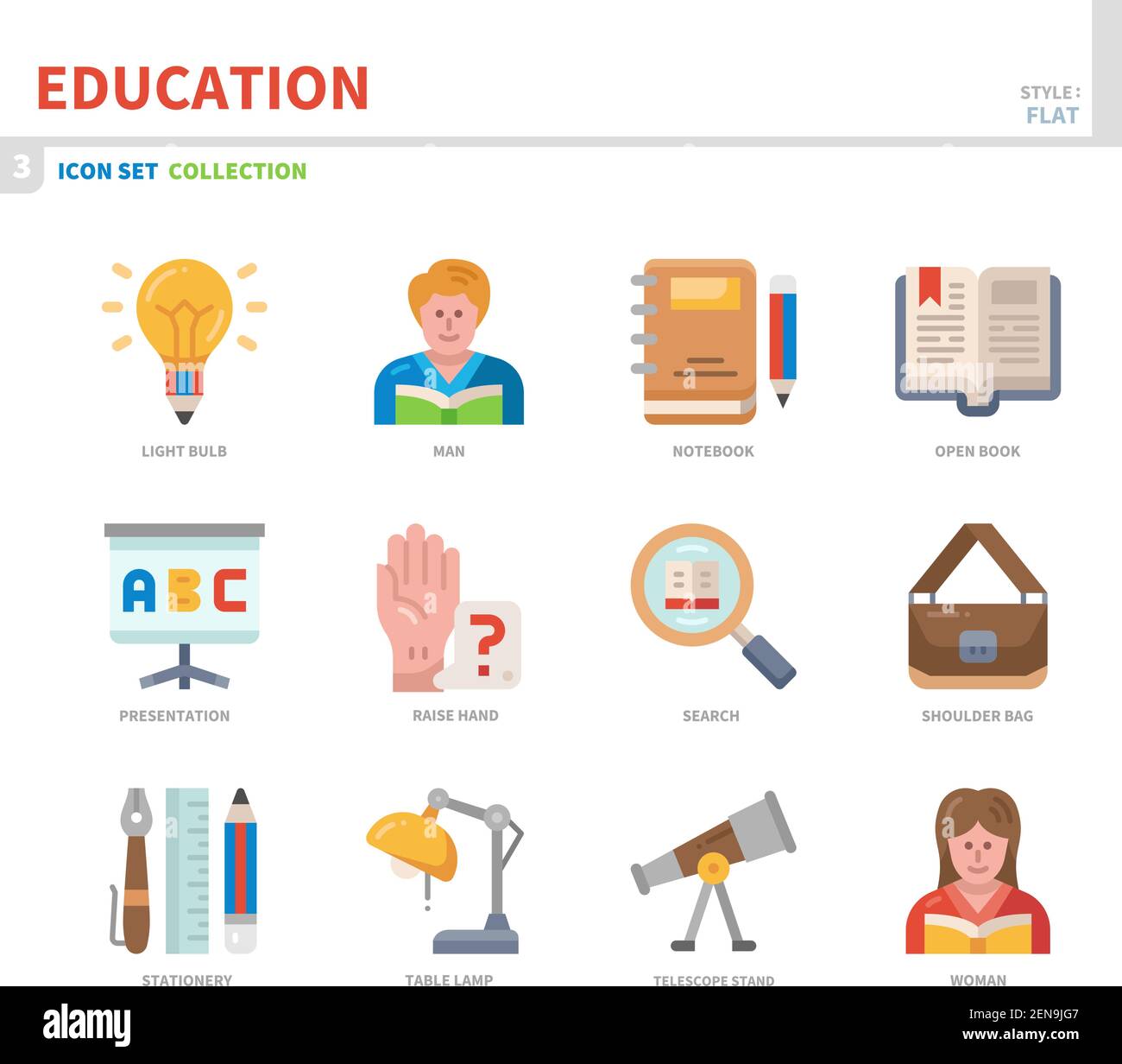 jeu d'icônes d'éducation, style plat couleur, vecteur et illustration Illustration de Vecteur