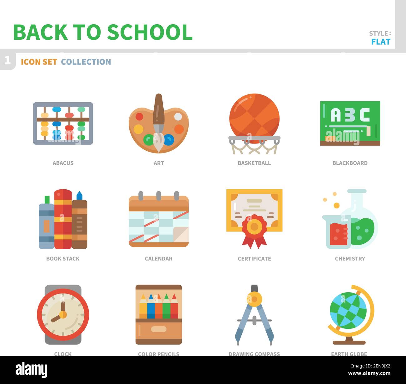 jeu d'icônes de retour à l'école, style plat couleur, vecteur et illustration Illustration de Vecteur