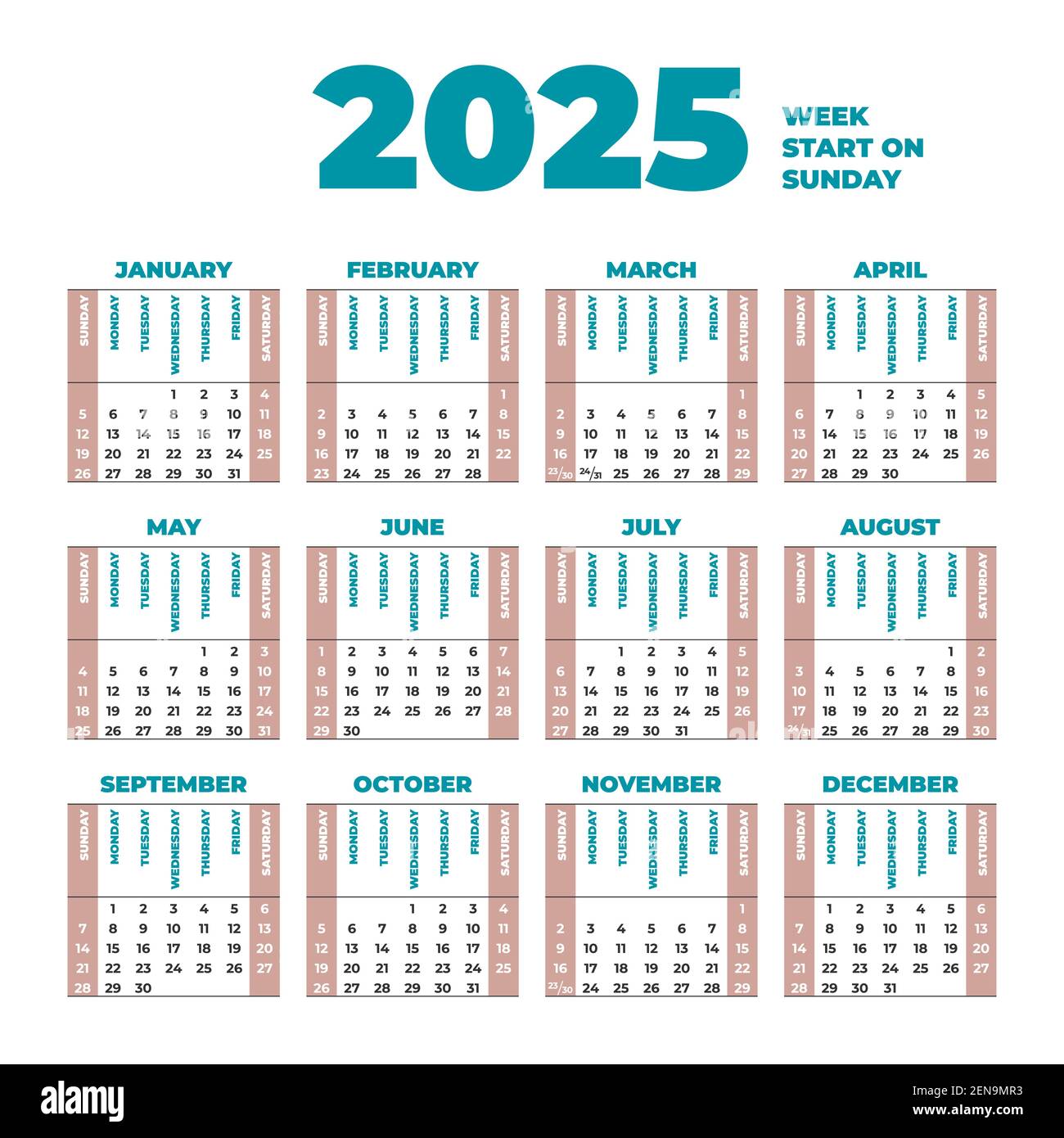 2025 modèle de calendrier avec les semaines commençant le dimanche Illustration de Vecteur