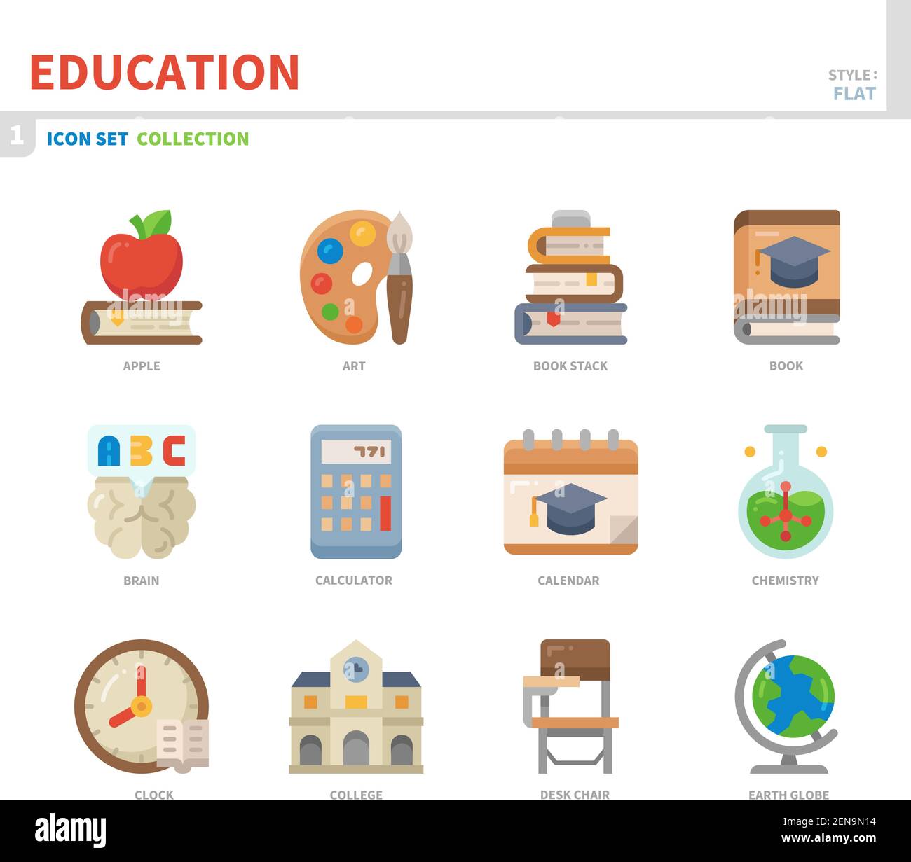 jeu d'icônes d'éducation, style plat couleur, vecteur et illustration Illustration de Vecteur