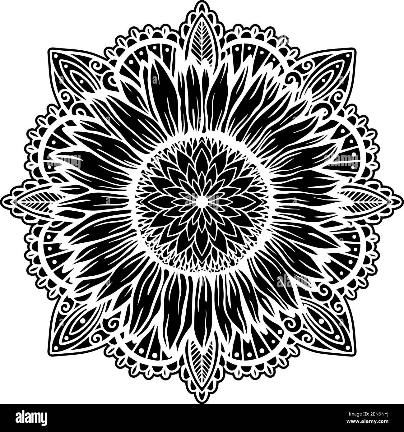 Tournesol mandala nature florale plante.fleur d'été isolée dans fond blanc.fleurs sauvages botaniques. Illustration de Vecteur