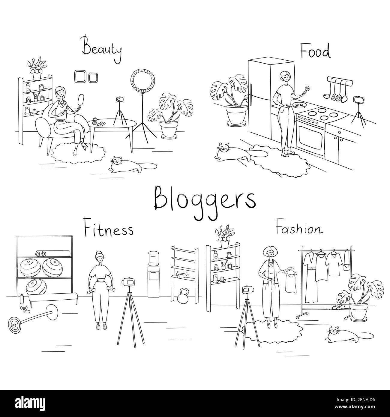 Blogueurs. Scènes de la vie de divers personnages Internet. La beauté, la nourriture, la forme physique, les blogueurs de la mode enregistrent des vidéos. Illustration vectorielle de dessin animé Illustration de Vecteur